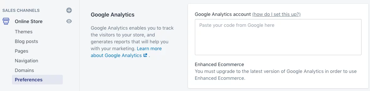 GA integration in Shopify admin screenshot
