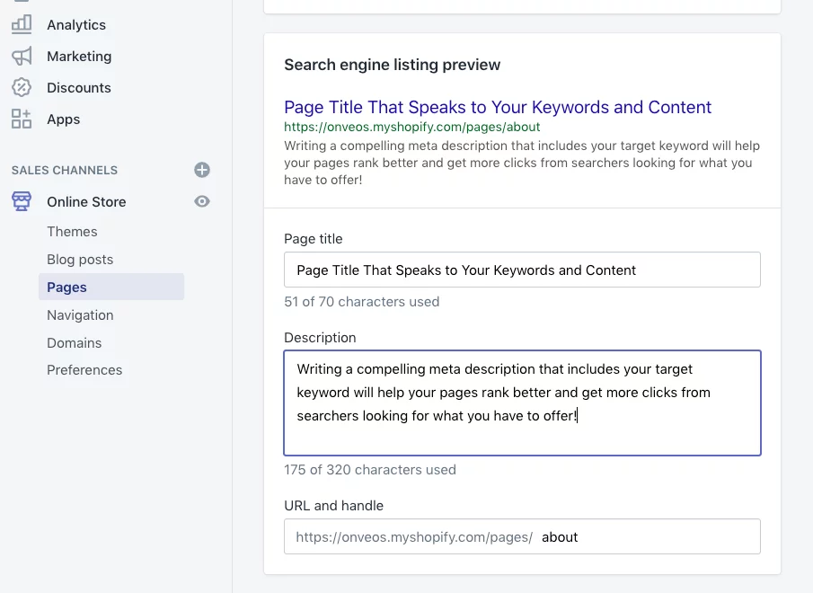 Meta Description Screenshot from Shopify admin