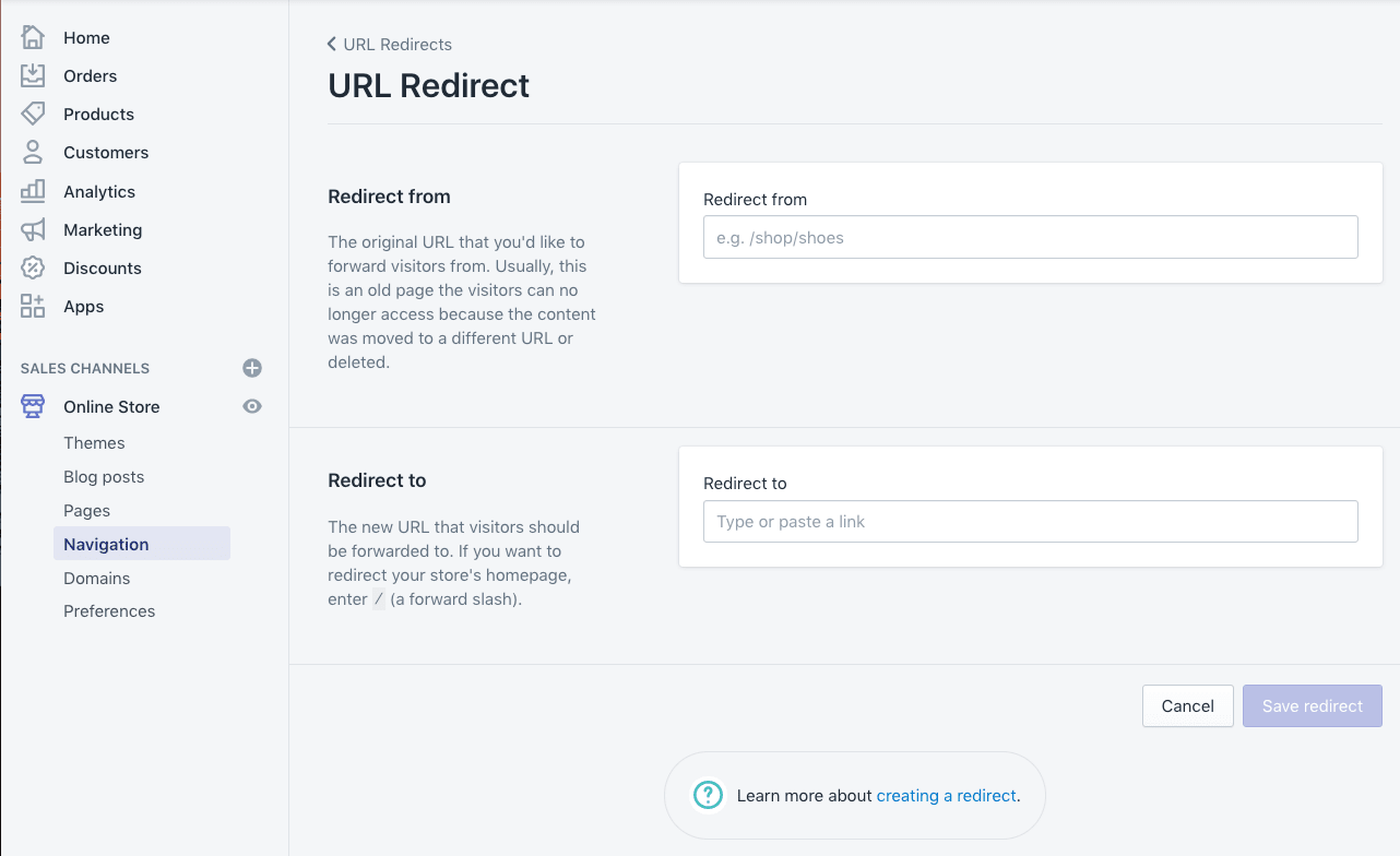 Putting in a Shopify redirect to improve SEO