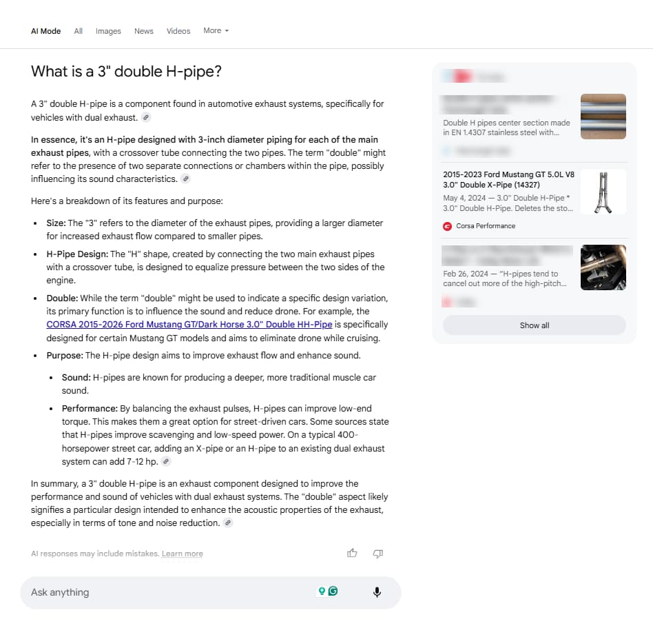 An OuterBox client populating a Google AI Mode result.