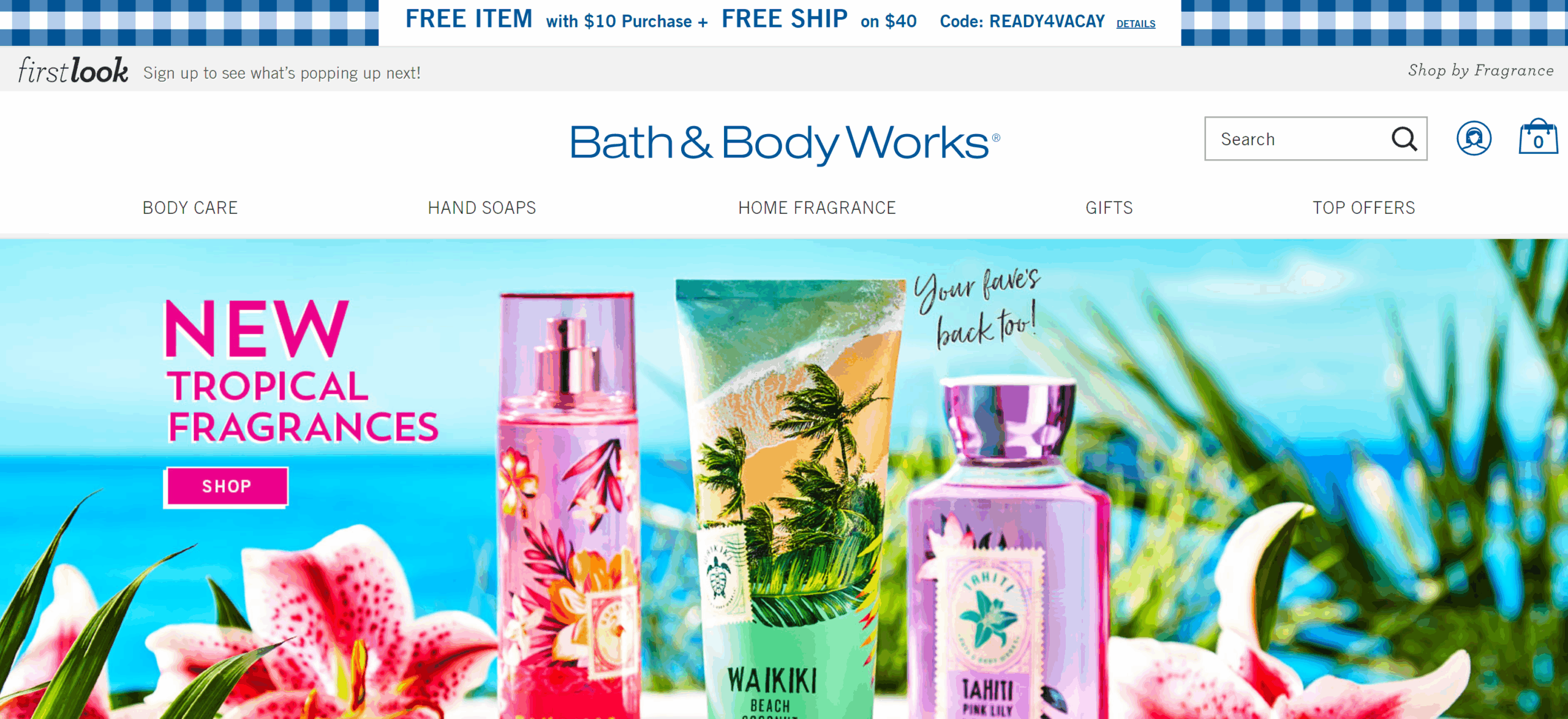 Bath and Body Works screenshot showing their homepage navigation