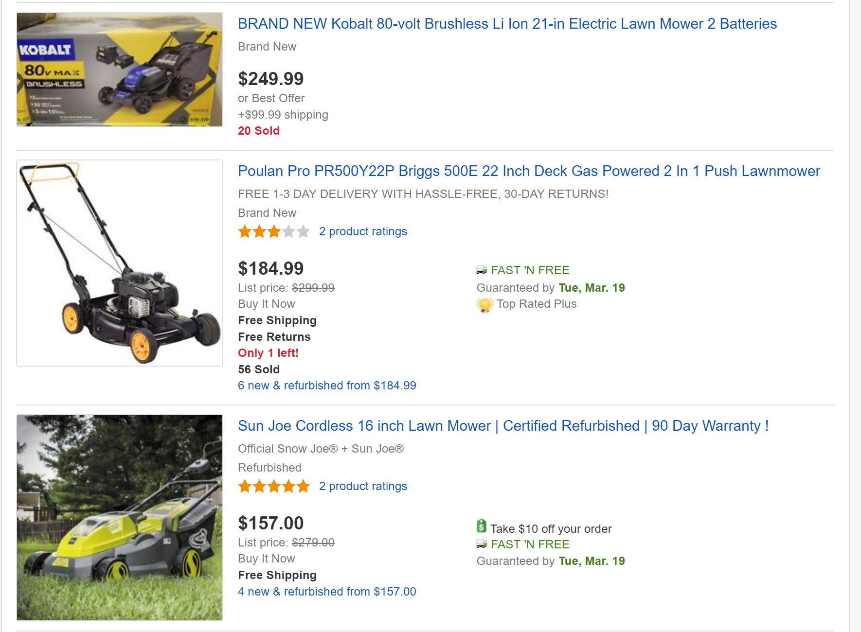 screenshot of ebay products