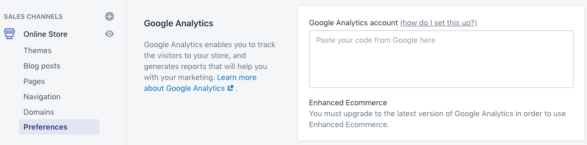 GA integration in Shopify admin screenshot