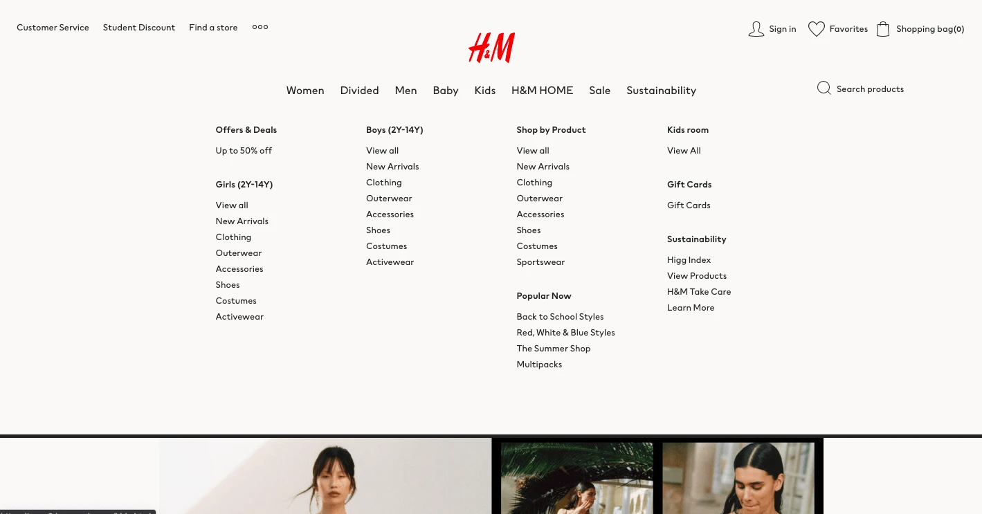 Screenshot from H&M Showing intuitive naviation