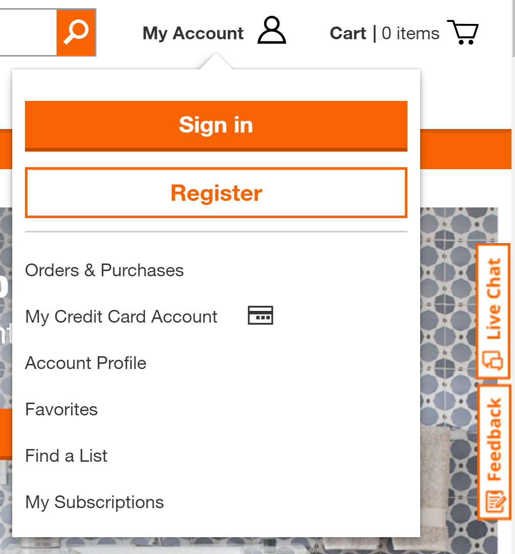 Screenshot from Home Depot's account menu
