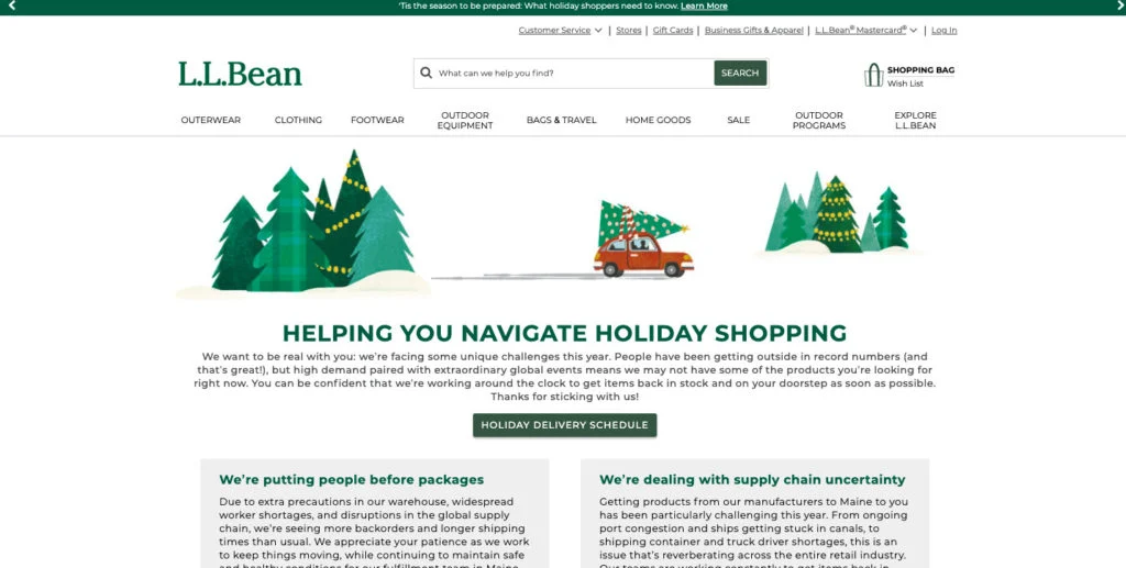 Screenshot from LL Bean explaining their shipping times to retain customers during supply chain issues.
