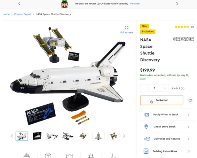 An example from lego of letting a customer order an out of stock item