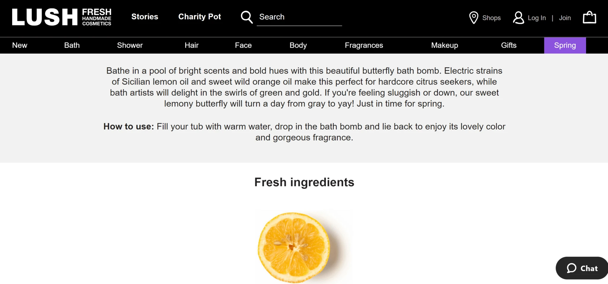 Lush screenshot showing product descriptions