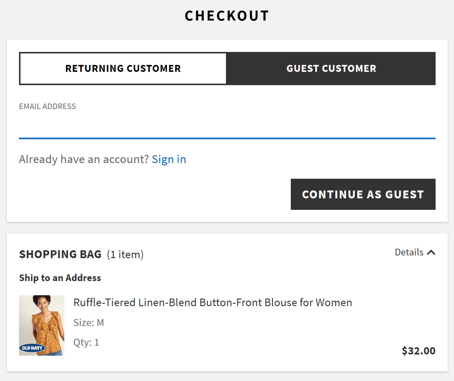 Screenshot of Old Navy increasing average order value
