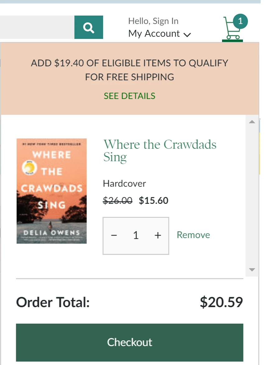 Barns and Noble Screenshot showing shipping information