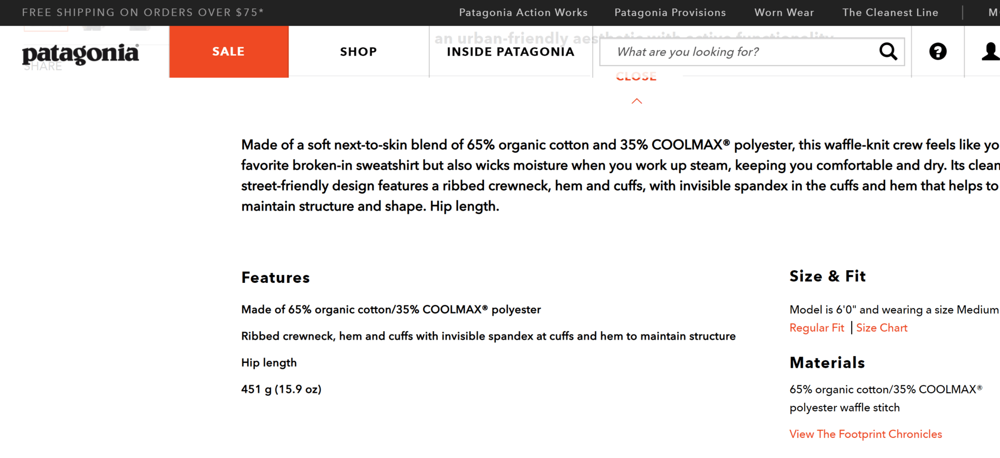 Patagonia screenshot showing descriptions