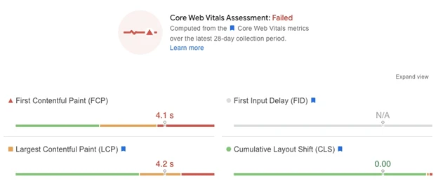 An example of core web vitals data that is outlined within Page Speed Insights