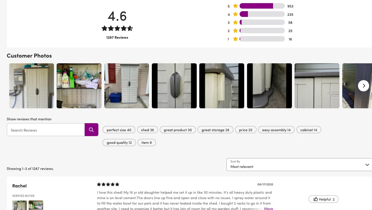 Wayfair.com “reviews” section, including customer photos