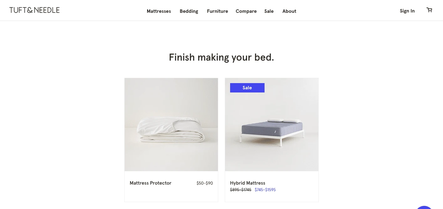 Screenshot showing Tuft & Needle cross selling bed accessories
