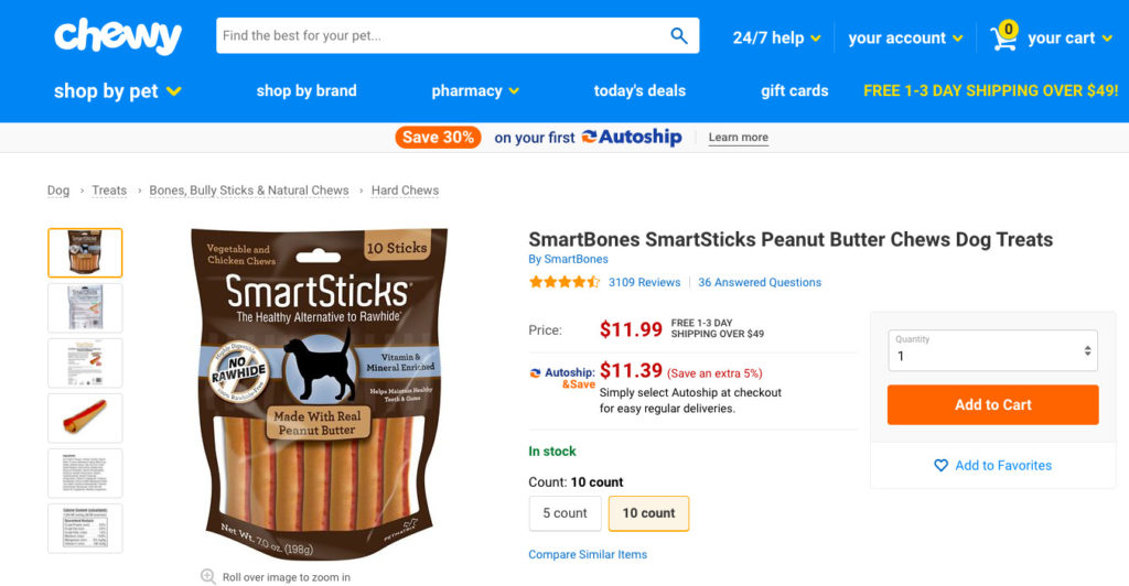 Screenshot showing shipping cost clearly listed right next to product pricing at chewy.com