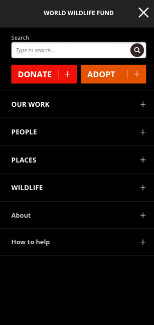 World Wildlife Fund mobile navigation screenshot