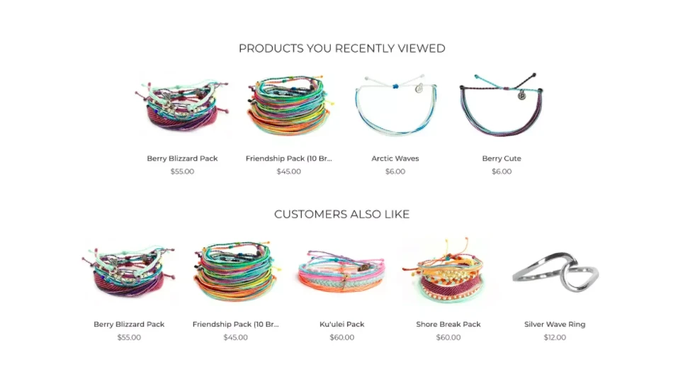 Screenshot of personalization through cross selling and customer behavior from Pura Vida