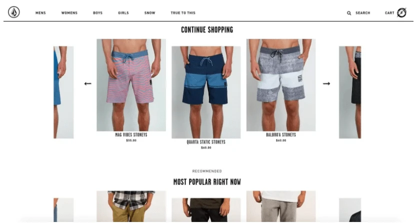 Screenshot of Volcom’s “continue shopping” personalization presentation