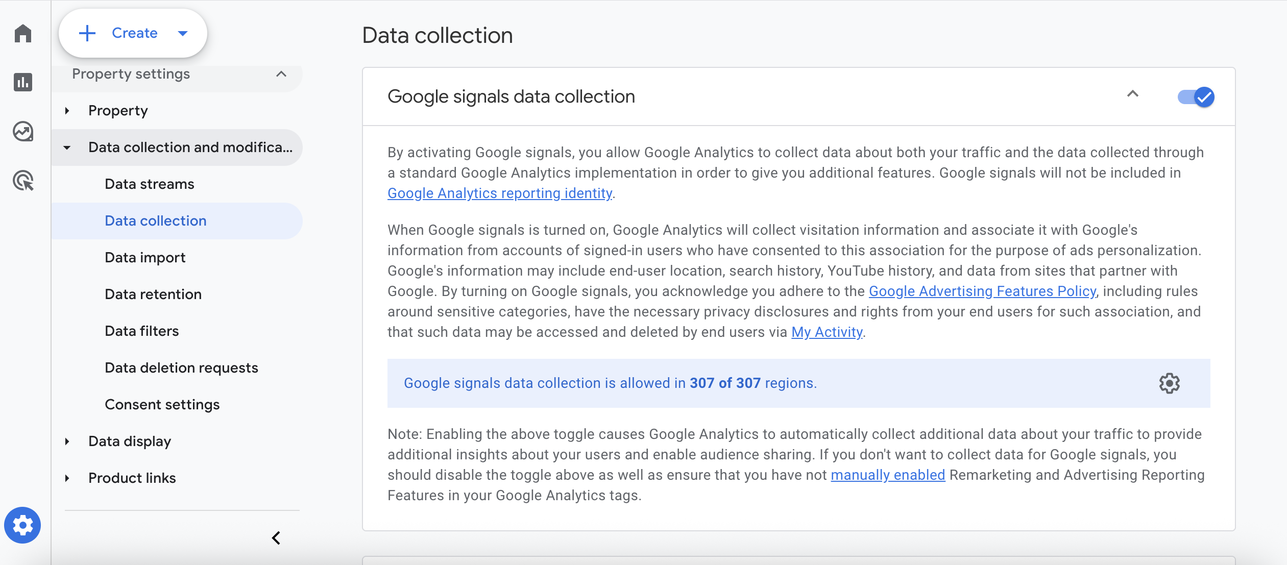 Screenshot showing how to enable Google Signals in GA4 under Data Collection settings.