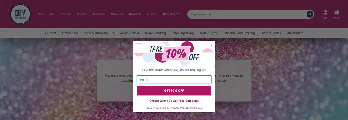 Email Diy Craft Warehouse Pop Up Ad