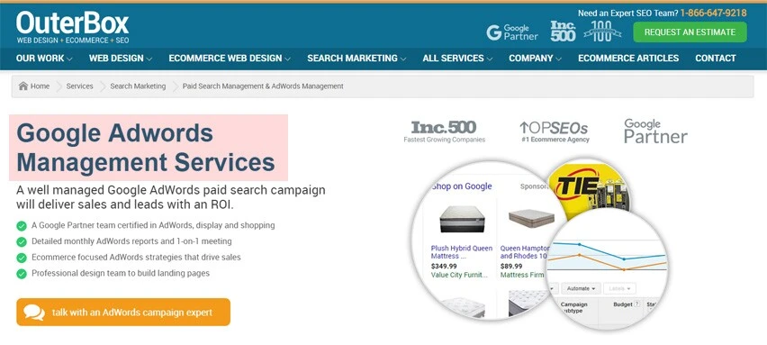 Google AdWords Management Services H1 example for on site seo structure