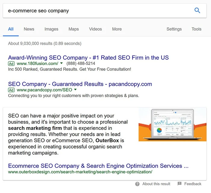 OuterBox ecommerce SEO search result example for on site seo visibility