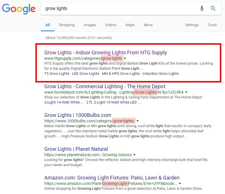 Google ranking example for grow lights used in SEO optimization