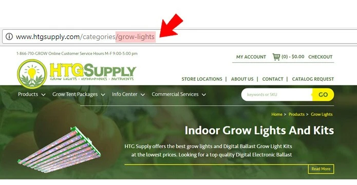 URL slug highlighted on a grow lights category page for on site seo planning