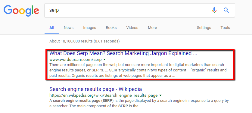 SERP: search engine results page