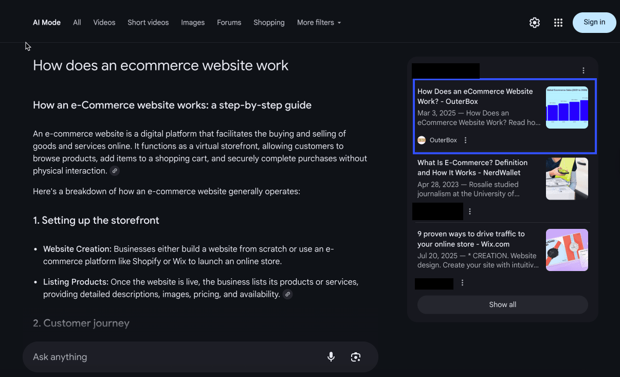 An OuterBox blog populating an AI Mode query
