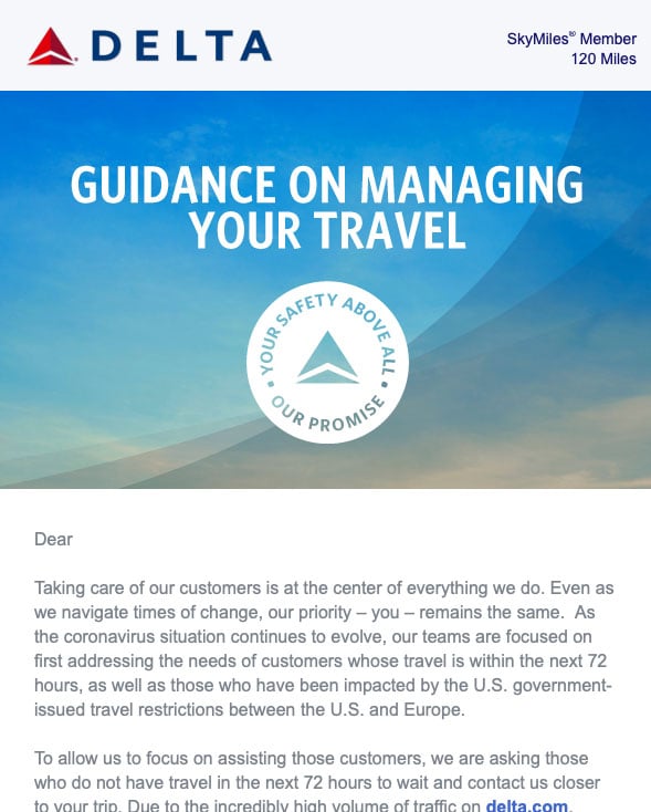 An email from Delta sent to guests with flights a month away
