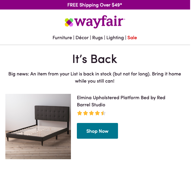 Wayfair back in stock email