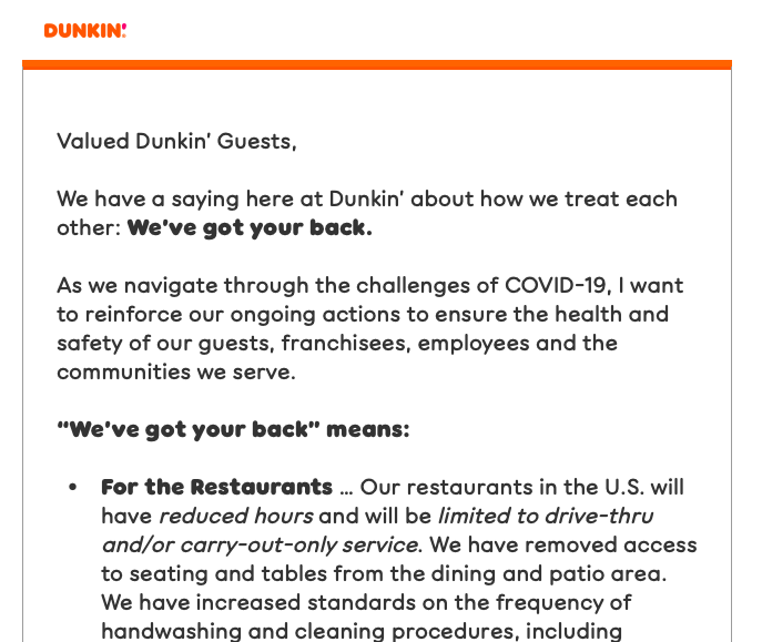 An email from Dunkin Donuts keeping guests up to date on operations