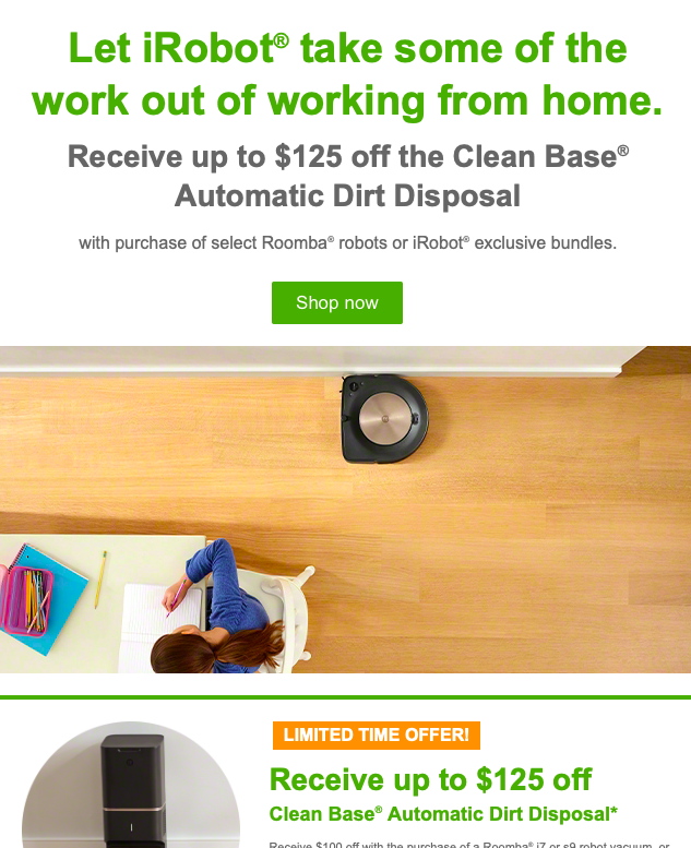 An email from Roomba with a special offer after social isolation guidelines