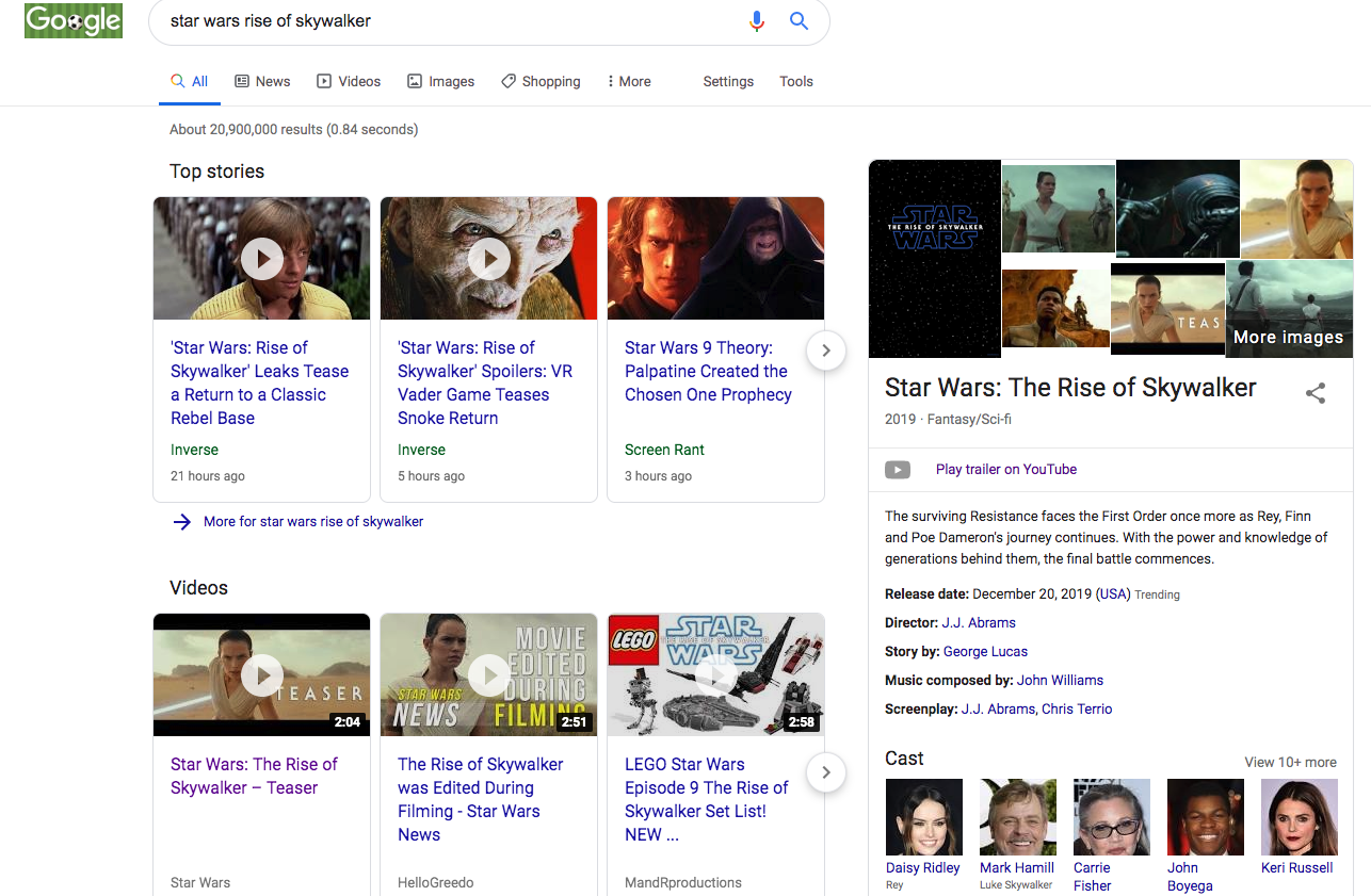 Star Wars Rise of Skywalker search results example showing diverse SERP features