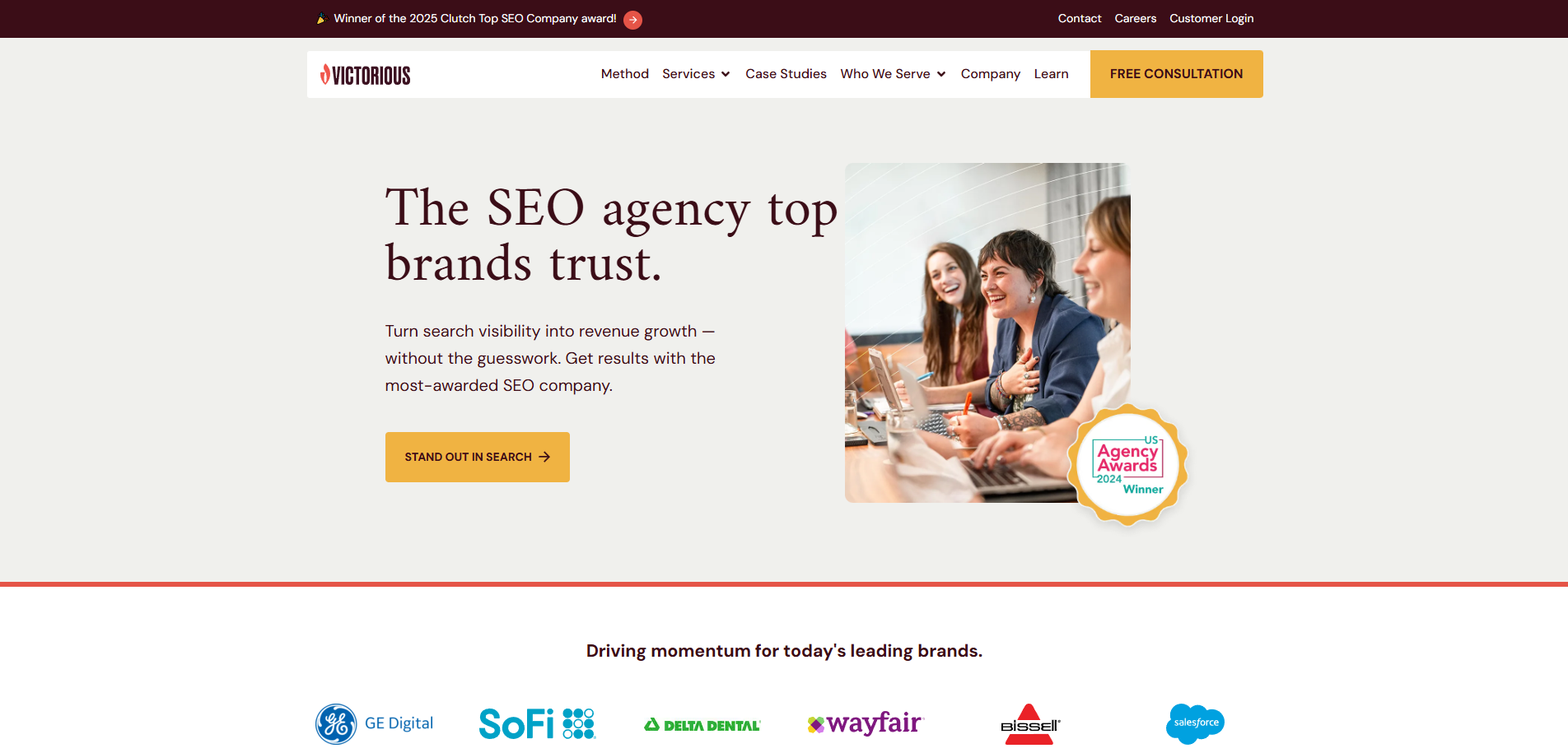 Victorious homepage screenshot for eCommerce SEO agency comparison