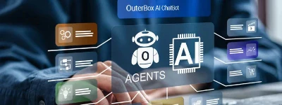 AI agent development service card with bot interface and workflow automation panels