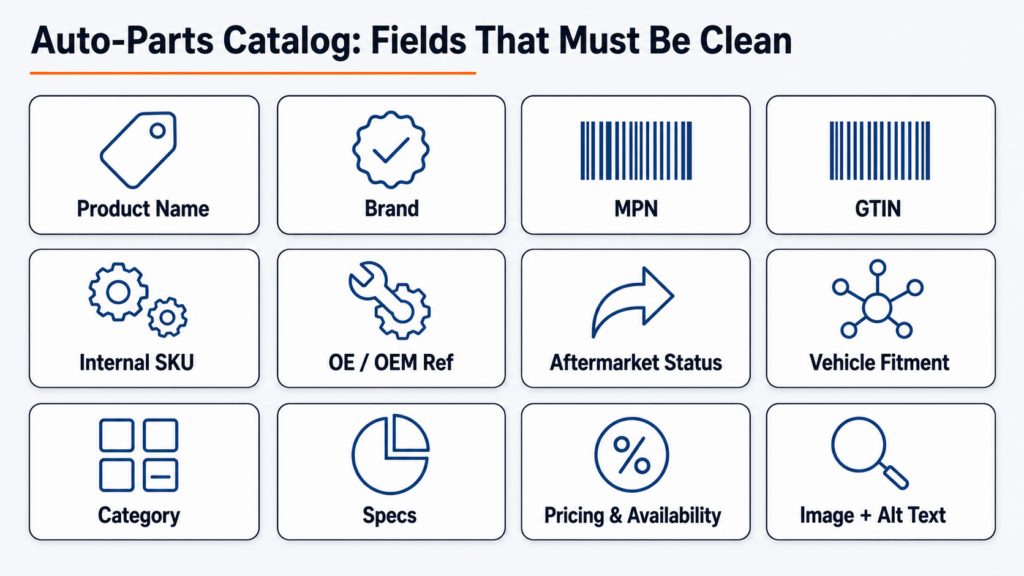 Auto-parts SEO checklist showing product name, brand, MPN, GTIN, fitment, specs, pricing, and image alt fields