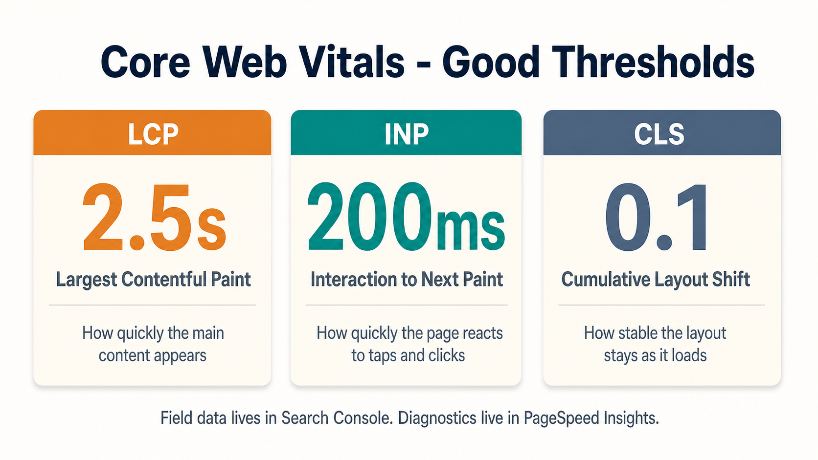Core Web Vitals good thresholds for SEO performance: LCP 2.5 seconds, INP 200 milliseconds, CLS 0.1.