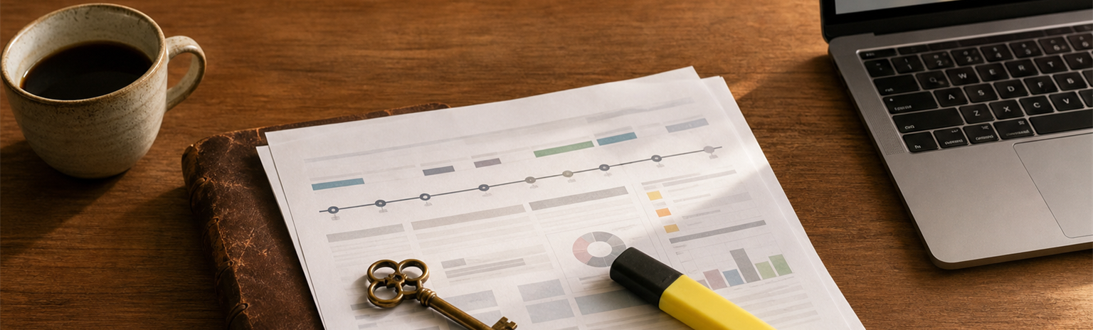 Domain age SEO evaluation: a printed website history audit, an antique brass key, and a leather notebook on a wooden desk beside a laptop.