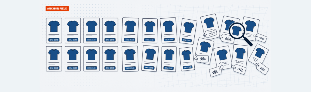 Ecommerce database design banner illustration: a wide structured product catalog grid transitioning into a chaotic catalog with mismatched tags and a magnifying glass.