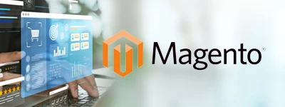 eCommerce SEO services graphic with storefront laptop and Magento logo
