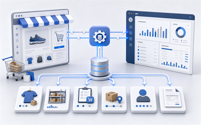 Editorial ERP ecommerce integration visual showing two-way business data synchronization