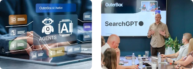 AI agent interface and SearchGPT workshop visuals for generative engine optimization services
