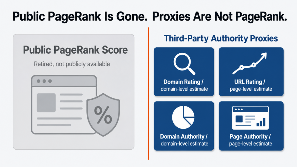 Google page rank checker infographic comparing retired public PageRank with Domain Rating, URL Rating, Domain Authority, and Page Authority