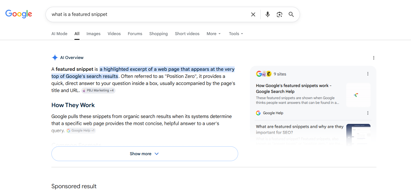 Google SERP screenshot for featured snippet query showing an AI Overview, source citations, and How They Work answer block.