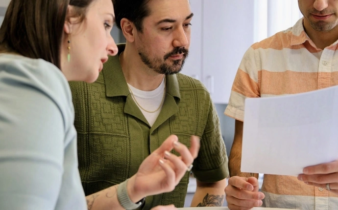 Three OuterBox SEO link builders reviewing a campaign document together at a shared workstation