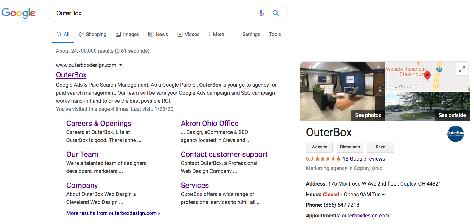 OuterBox Google Business Profile example showing a local result that can drive traffic to website visits