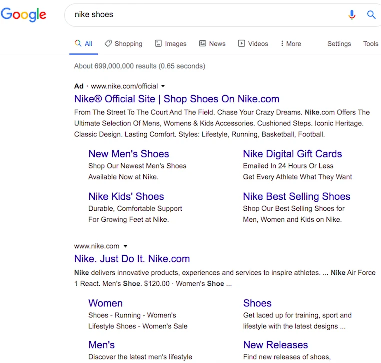 Google Ads search result for Nike shoes showing paid ways to drive traffic to website pages