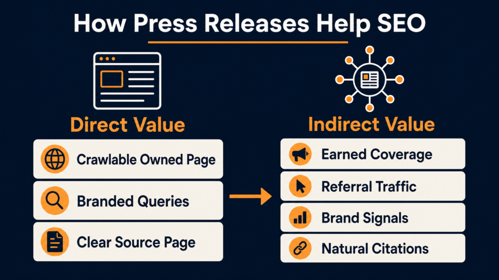 Press release SEO infographic comparing direct owned-page value and indirect earned coverage benefits